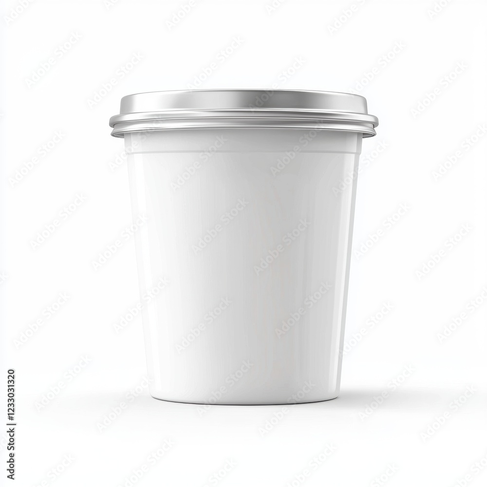 Plastic yogurt cup mockup with a blank foil lid, placed on a bright white background Plastic yogurt cup mockup with a blank foil lid, placed on a bright white background
