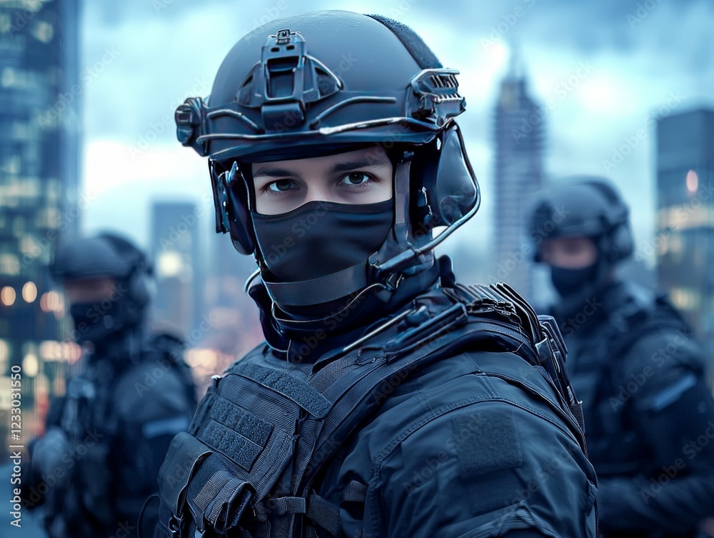 Tactical Unit Member in Full Gear Standing in Formation Tactical Unit Member in Full Gear Standing in Formation