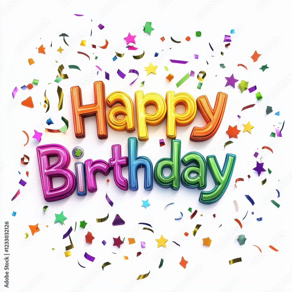 Rainbow Happy Birthday text with cheerful confetti and stars, placed on a bright white background Rainbow Happy Birthday text with cheerful confetti and stars, placed on a bright white background