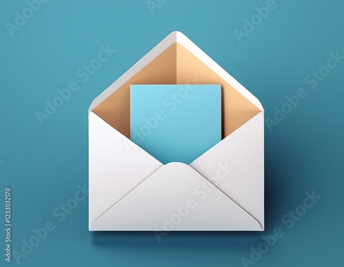 3d minimalistic illustration of white open envelope with blank card inside symbolizing simplicity and communication perspective view isolated on clean background