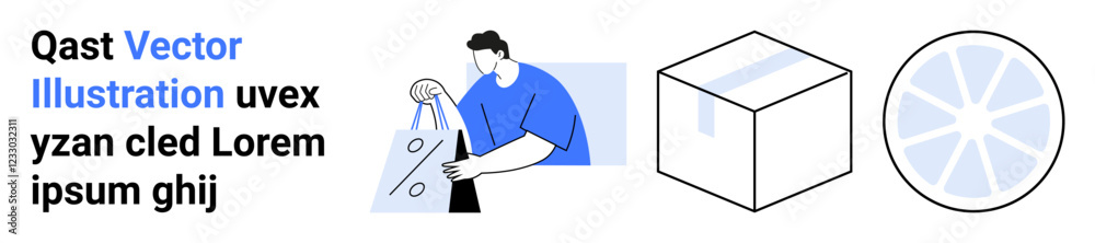 Man placing items in a shopping bag, sealed cardboard box, abstract circle design with radial lines. Ideal for e-commerce, packaging, retail, shipment, shopping, illustration and graphic design Man placing items in a shopping bag, sealed cardboard box, abstract circle design with radial lines. Ideal for e-commerce, packaging, retail, shipment, shopping, illustration and graphic design