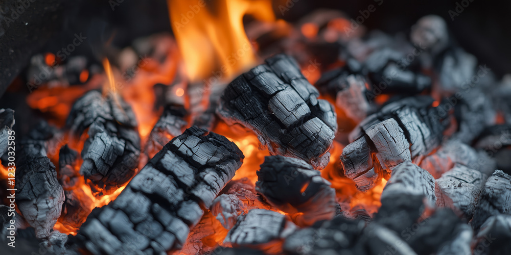 Fire burning wooden coal in fireplace close up detail, grilling and barbecue concept background wallpaper banner. Fire burning wooden coal in fireplace close up detail, grilling and barbecue concept background wallpaper banner.