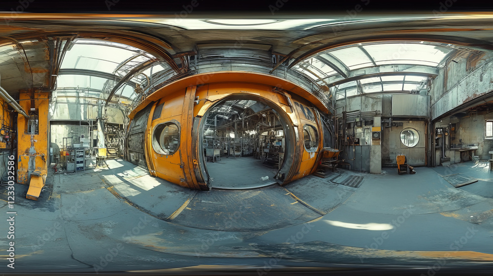 360 degree equi rectangular panorama futuristic building industrial grunge design 3d render illustration