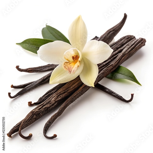 A close-up of vanilla pods arranged artistically with a blooming vanilla orchid flower on top. 