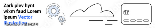 Gear cogs, cloud shape, and digital credit card illustrate technology integration, cloud computing, and digital transactions. Ideal for tech services, fintech, innovation, IT solutions cloud