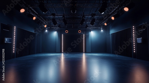 360 degree full panorama environment map of black minimalistic studio environment with bright lights and reflections 3d render illustration hdri hdr vr virtual reality. 3D Illustration