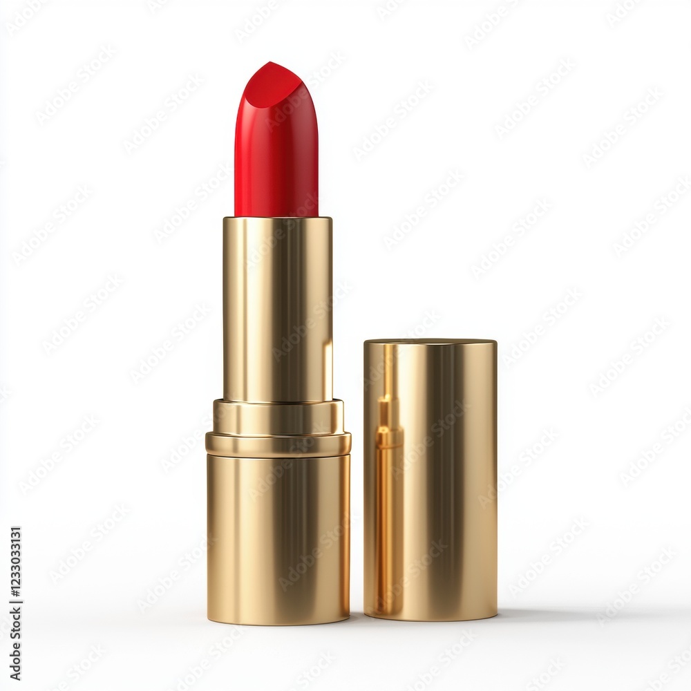 Obraz premium Matte red lipstick in a luxury gold case with a sleek minimalist design, isolated on a clean white background