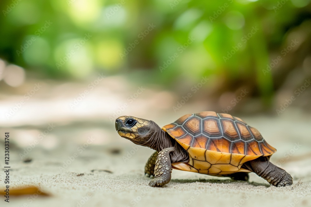 Obraz premium A baby tortoise moves cautiously across the sandy surface, surrounded by greenery. This tender moment captures the slow and steady pace of wildlife in a natural habitat during daylight