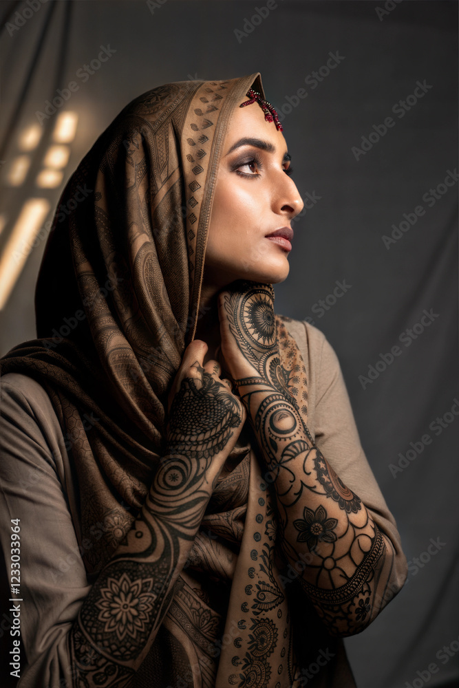 Naklejka premium Woman in hijab showing intricate henna designs on her hands