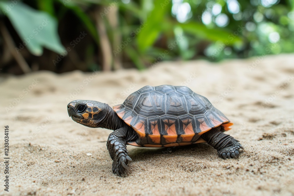 A baby tortoise moves cautiously over sandy terrain in a rich, green setting. Its unique shell color contrasts beautifully with the warm sand as it explores its surroundings A baby tortoise moves cautiously over sandy terrain in a rich, green setting. Its unique shell color contrasts beautifully with the warm sand as it explores its surroundings