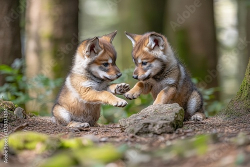 In a vibrant forest, playful baby wolf pups engage in a lively interaction, nuzzling and pawing at each other amidst a backdrop of trees and foliage photo