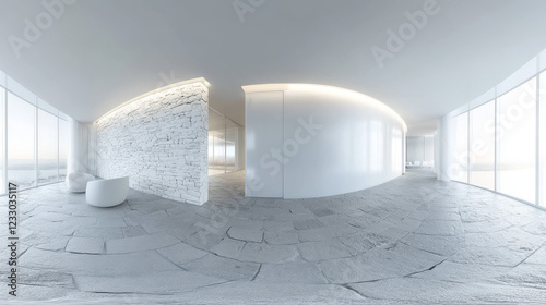 360 panorama view of modern big loft office with white walls and stone tile floor 3d render illustration hdri vr style