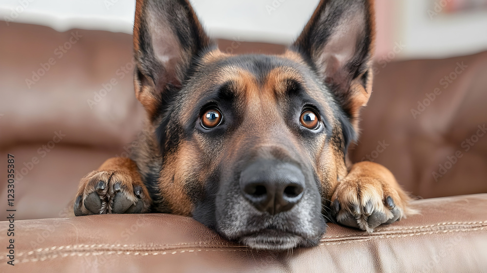 Obraz premium German Shepherd dog on brown couch, looking pensive, indoor setting, pet portrait