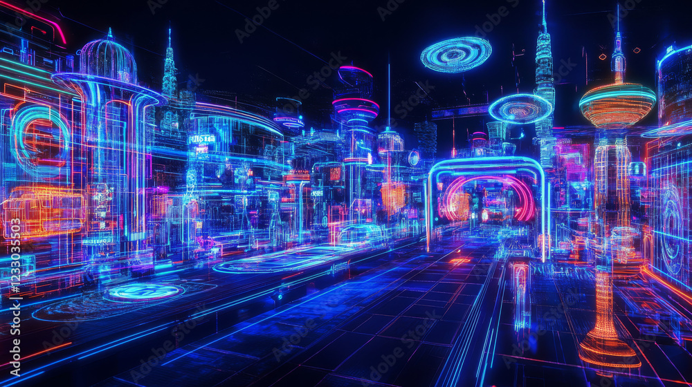 Obraz premium full 360 spherical panorama view of futuristic sci-fi environment with neon lights 3d render illustration hdr hdri vr design