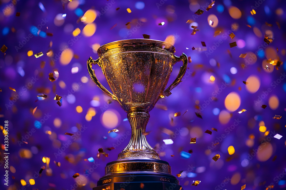 Golden trophy surrounded by sparkling confetti on a bold purple background, representing success and celebration Golden trophy surrounded by sparkling confetti on a bold purple background, representing success and celebration
