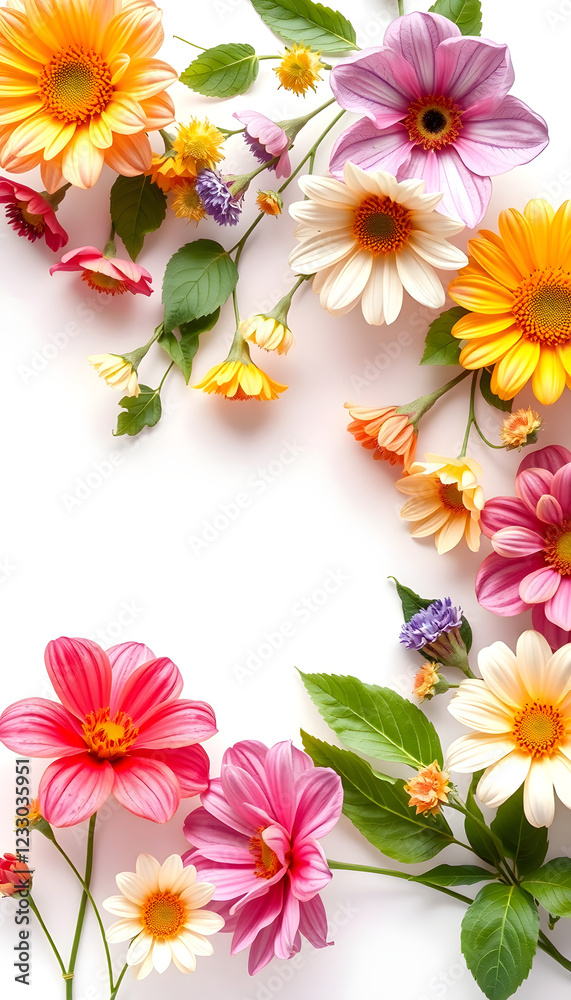 Abstract floral border with summer flowers and white background, professional photography Abstract floral border with summer flowers and white background, professional photography