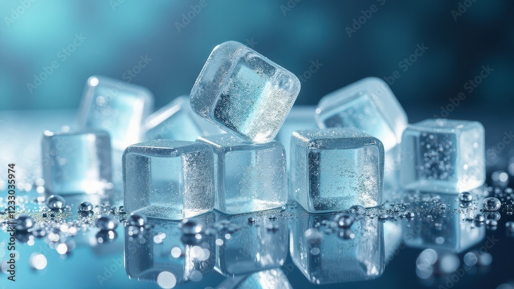 Melting ice cubes with water droplets on a reflective glass surface in soft light Melting ice cubes with water droplets on a reflective glass surface in soft light