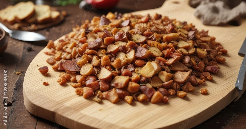 Crunchy guanciale topping on a wooden cutting board , cured meat, guanciale, amatriciana pizza Crunchy guanciale topping on a wooden cutting board , cured meat, guanciale, amatriciana pizza