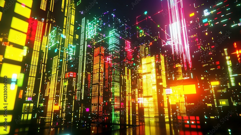 Neon Cityscape Vibrant Towers Illuminated Night