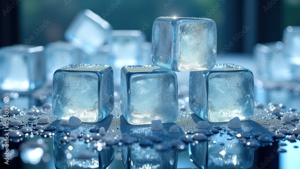 Melting ice cubes with water droplets on a reflective glass surface in soft light Melting ice cubes with water droplets on a reflective glass surface in soft light