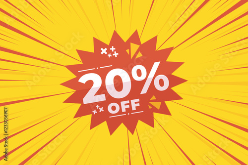 20% off sale banner vector with red and yellow sunburst background and white text. Perfect for flash sale, special offers, big sale, e-commerce, online promotions and discount advertising.
