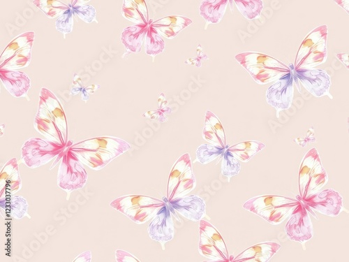 Dainty watercolor butterfly seamless pattern in soft pastel colors, subtle texture, ethereal look