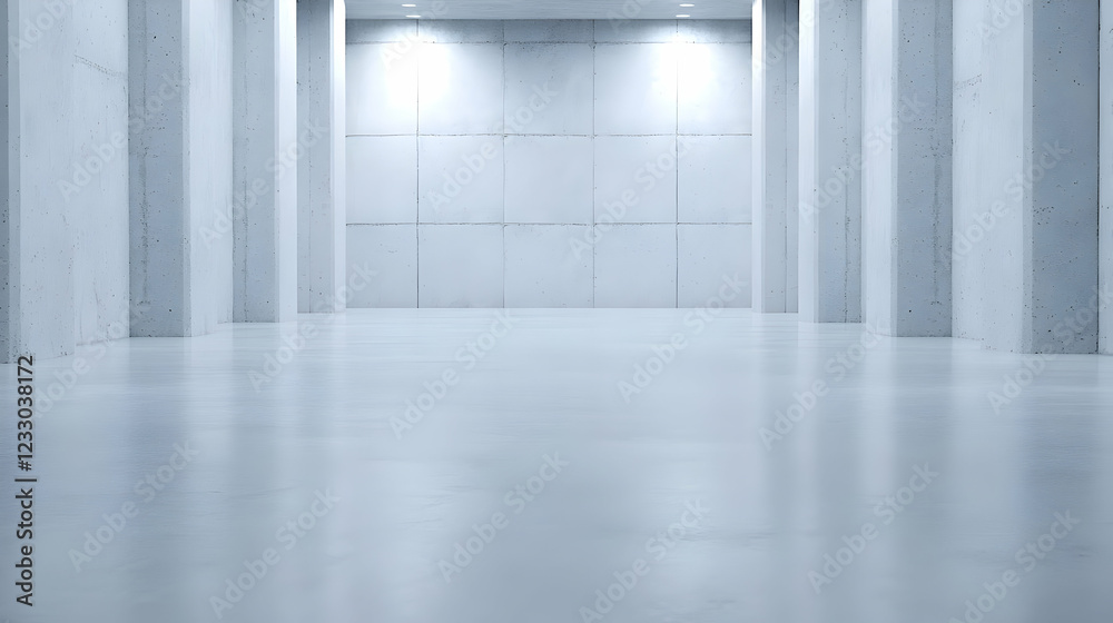 Fototapeta premium Empty modern gallery, concrete walls, bright lights, spacious floor, exhibition background