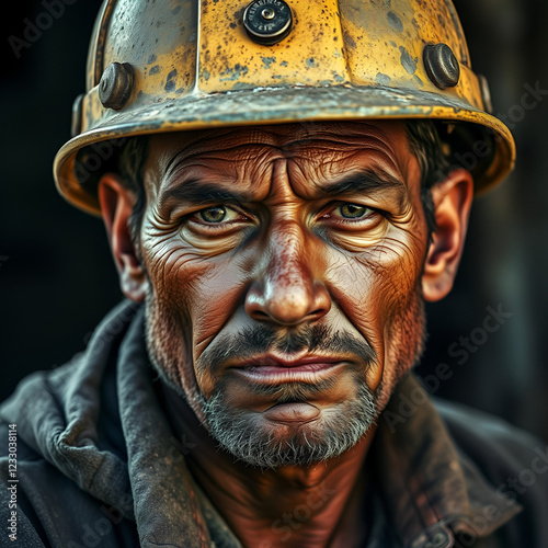 A rugged male worker in a dusty helmet and work attire, with a weathered face and a contemplative look, capturing the essence of hard work and resilience. photo