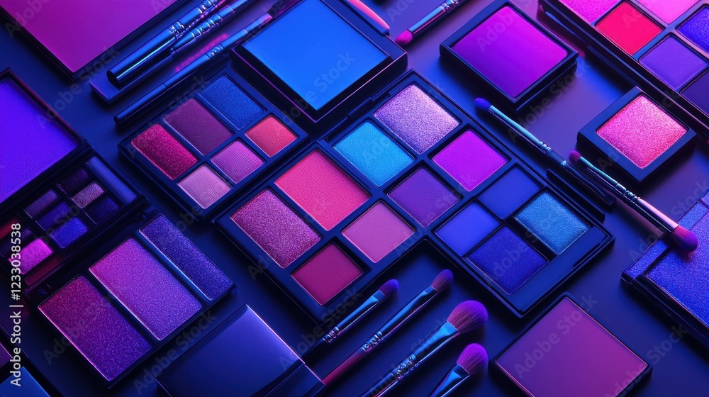 Flat lay of decorative eyeshadow palettes and brush. Flat lay of decorative eyeshadow palettes and brush.