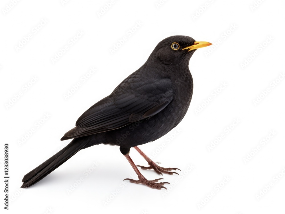 Standing Blackbird. Studio Shot of a Solo Animal, Turdus merula on White Background Standing Blackbird. Studio Shot of a Solo Animal, Turdus merula on White Background