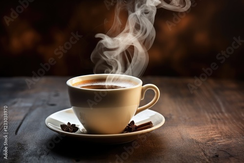 Steaming Cup of Coffee on Rustic Background. Close-up of Hot Aromatic Beverage in Black Mug for Breakfast