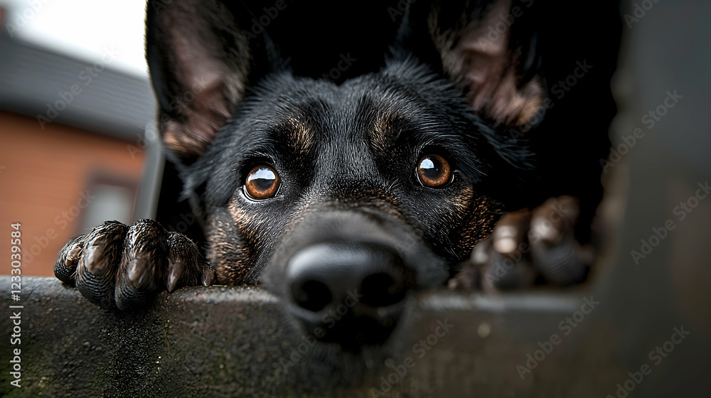 Obraz premium Curious German Shepherd peeking from truck, rural background, pet portrait