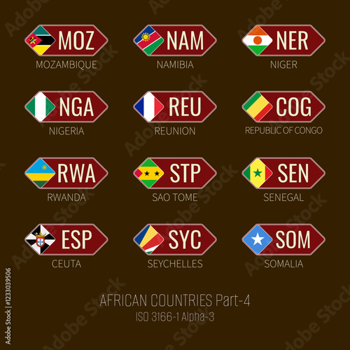Set of vector illustrations of  ISO 3166 1 alpha 3 and flags of African countries. Part 4.
