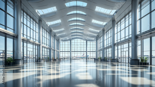 360 degree panorama view of abstract modern airport terminal hall with concrete and glass surface 3d render illustration