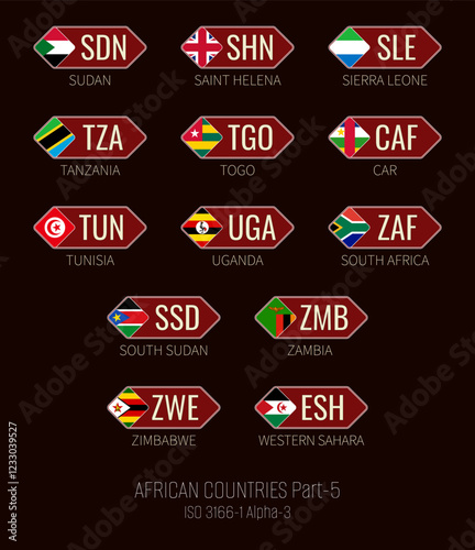 Set of vector illustrations of  ISO 3166 1 alpha 3 and flags of African countries. Part 5
