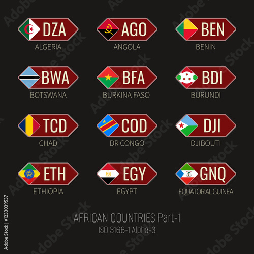 Set of vector illustrations of  ISO 3166 1 alpha 3 and flags of African countries. Part 1.
