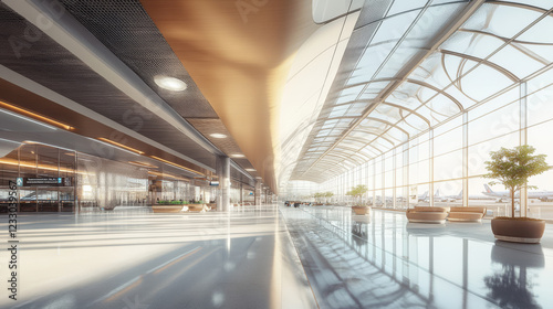 360 degree panorama view of abstract modern airport terminal hall with concrete and glass surface 3d render illustration