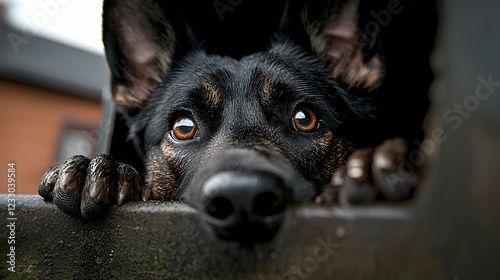 Curious German Shepherd peeking from truck, rural background, pet portrait