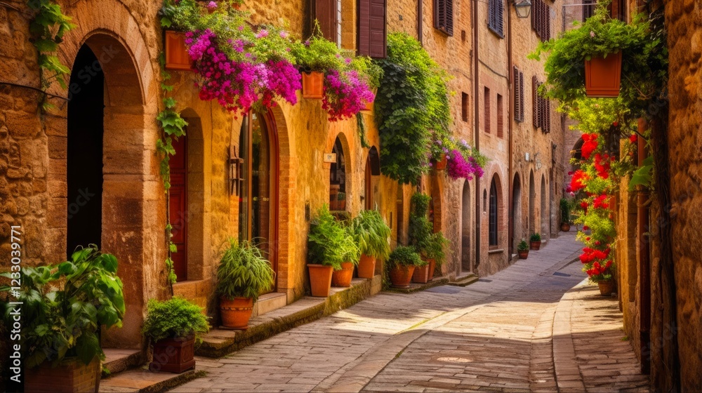 Fototapeta Summer in Pienza, Italy: Exploring the Colorful Streets of this Charming Tuscan Town - Horizontal Scene with Flowers and Italian Architecture