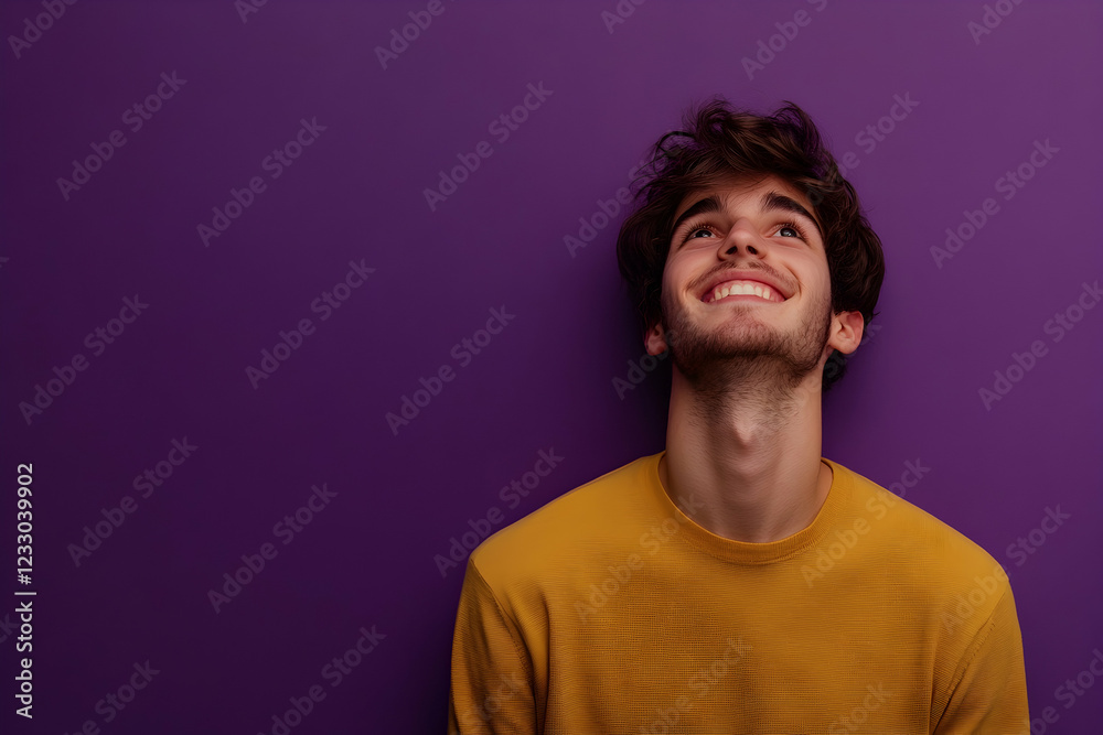 Happy person smiling and looking upward in thought, captured against a solid purple background Happy person smiling and looking upward in thought, captured against a solid purple background