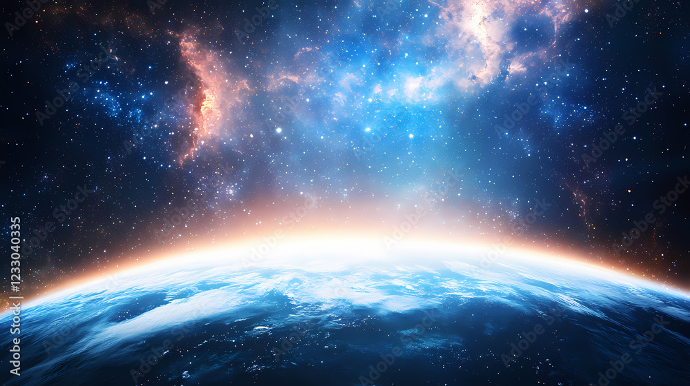 Majestic view of earth from space with stars and galaxies in the background. Solar Archway. Illustration Majestic view of earth from space with stars and galaxies in the background. Solar Archway. Illustration