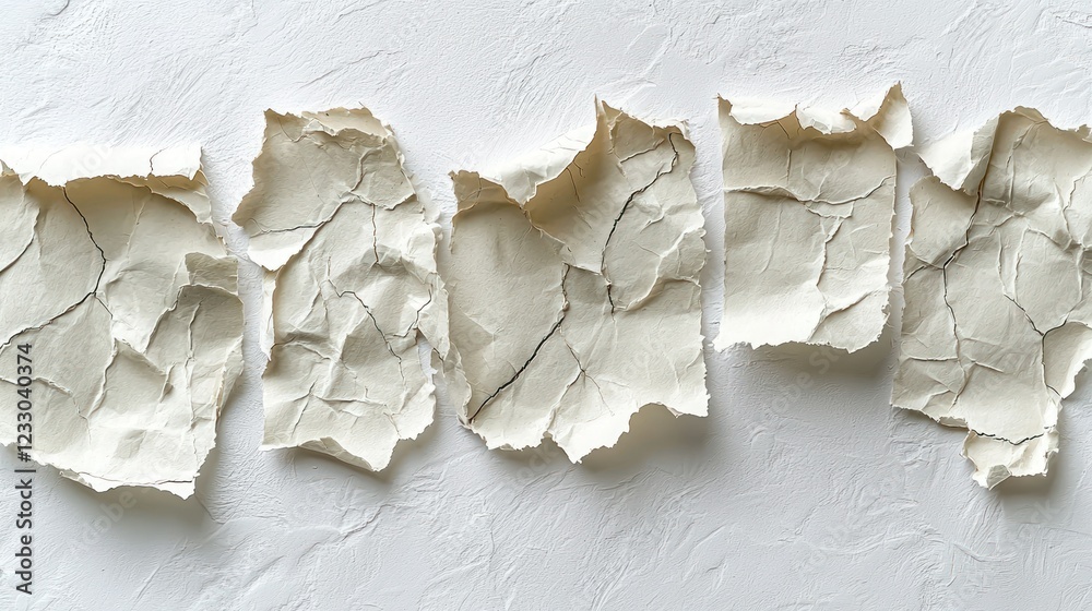 Torn crumpled paper pieces on textured white background for copy space Torn crumpled paper pieces on textured white background for copy space