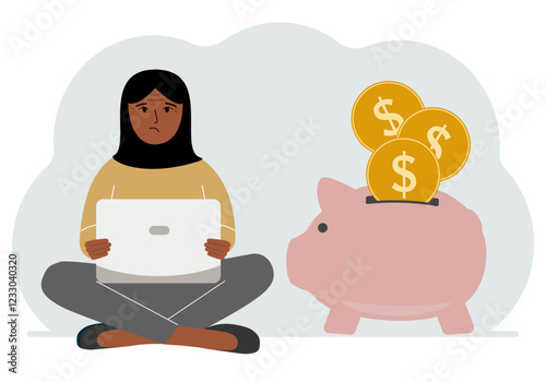 A woman sits cross-legged with a laptop next to a pig piggy bank. Earning money, saving, saving money. Vector flat illustration