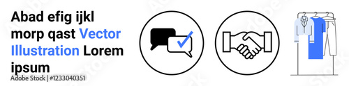 Black and white chat bubble and handshake with checkbox highlight communication and agreement. Blue and white clothing rack hints at professionalism and formal attire. Ideal for business