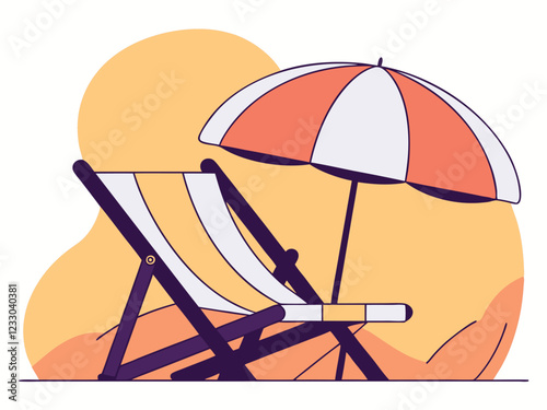 Lounge chair with beach umbrella. Summer time. Tropical resort. Vector illustration