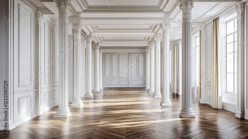 Empty white apartment with parquet wood floor with pillars 3d render illustration