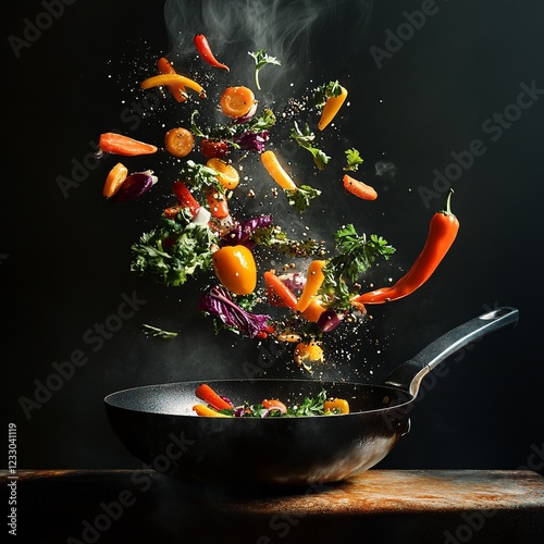 Fresh vegetables soaring above a sizzling frying pan, captured in mid-air, symbolizing healthy cooking, freshness, and dynamic motion.

