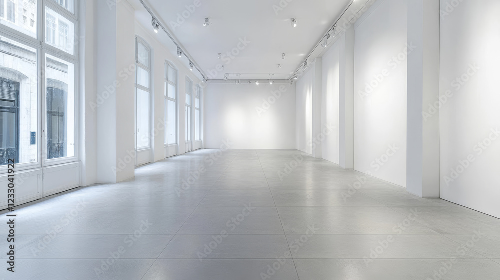 Empty room with white tile floors and lights 3d render illustration. 3D Illustration Empty room with white tile floors and lights 3d render illustration. 3D Illustration