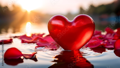 Rotes Herz auf dem Wasser mit Rosenblüten im Sonnenschein  photo