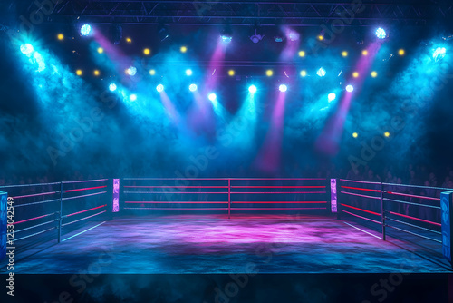 Illuminated wrestling ring under bright spotlights, ready for an exciting match in a vibrant setting